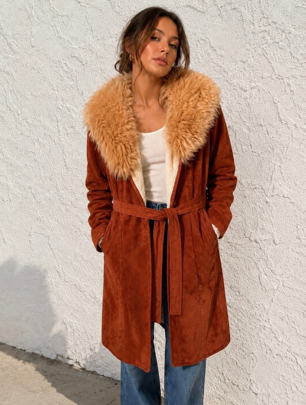 Orange suede 1970s style Penny Lane coat
